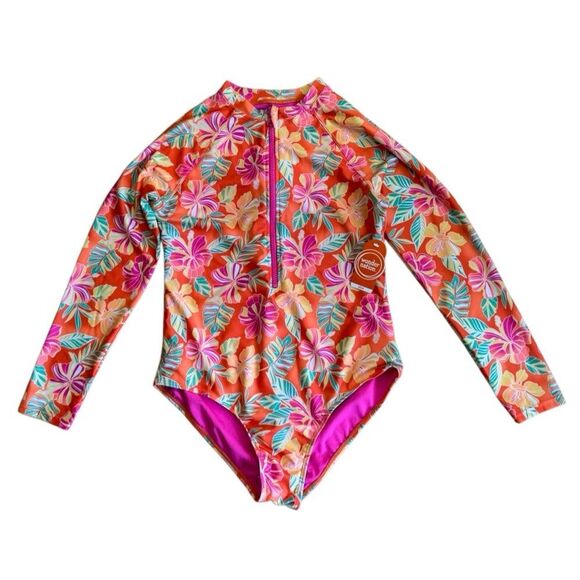 Wonder Nation Girls Zip-Up Rash Guard One-Piece Swimsuit Long Sleeve Size XL - Picture 2 of 6